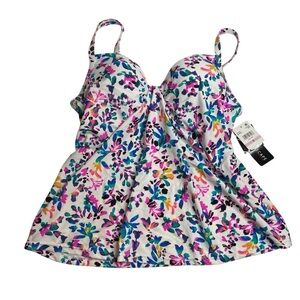 Island Escape Underwire Tankini Top Swimsuit White Floral Size 6 New